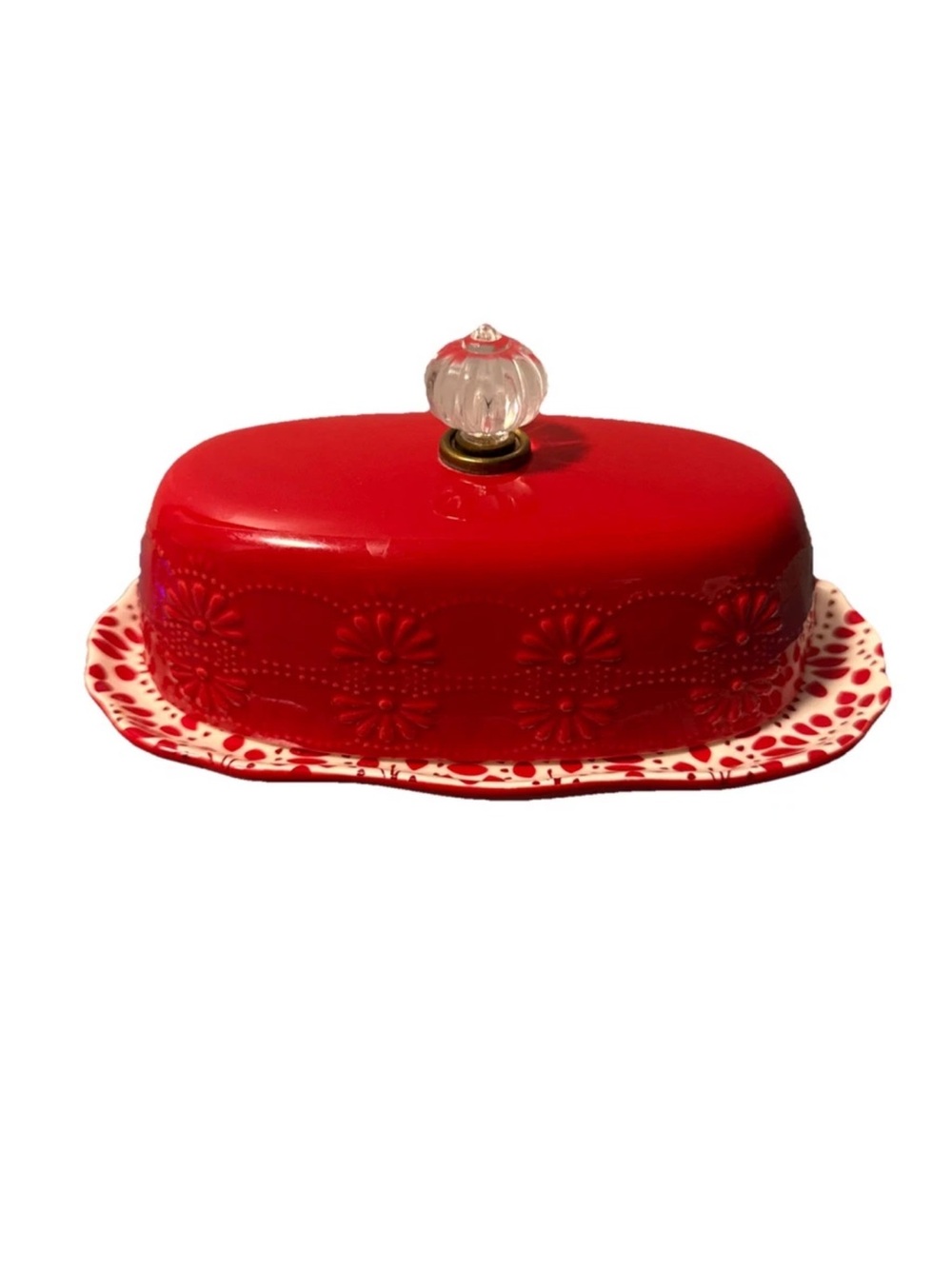 The Pioneer Woman Red Stoneware Butter Dish with Floral Burst Label